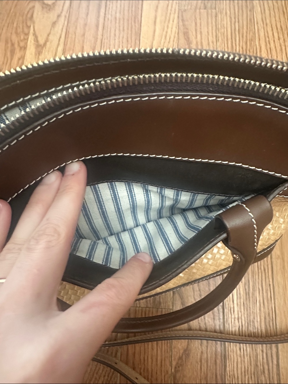 Dooney & Bourke Brown and Tan Woven Satchel With Gold Plaque - Picture 6 of 16